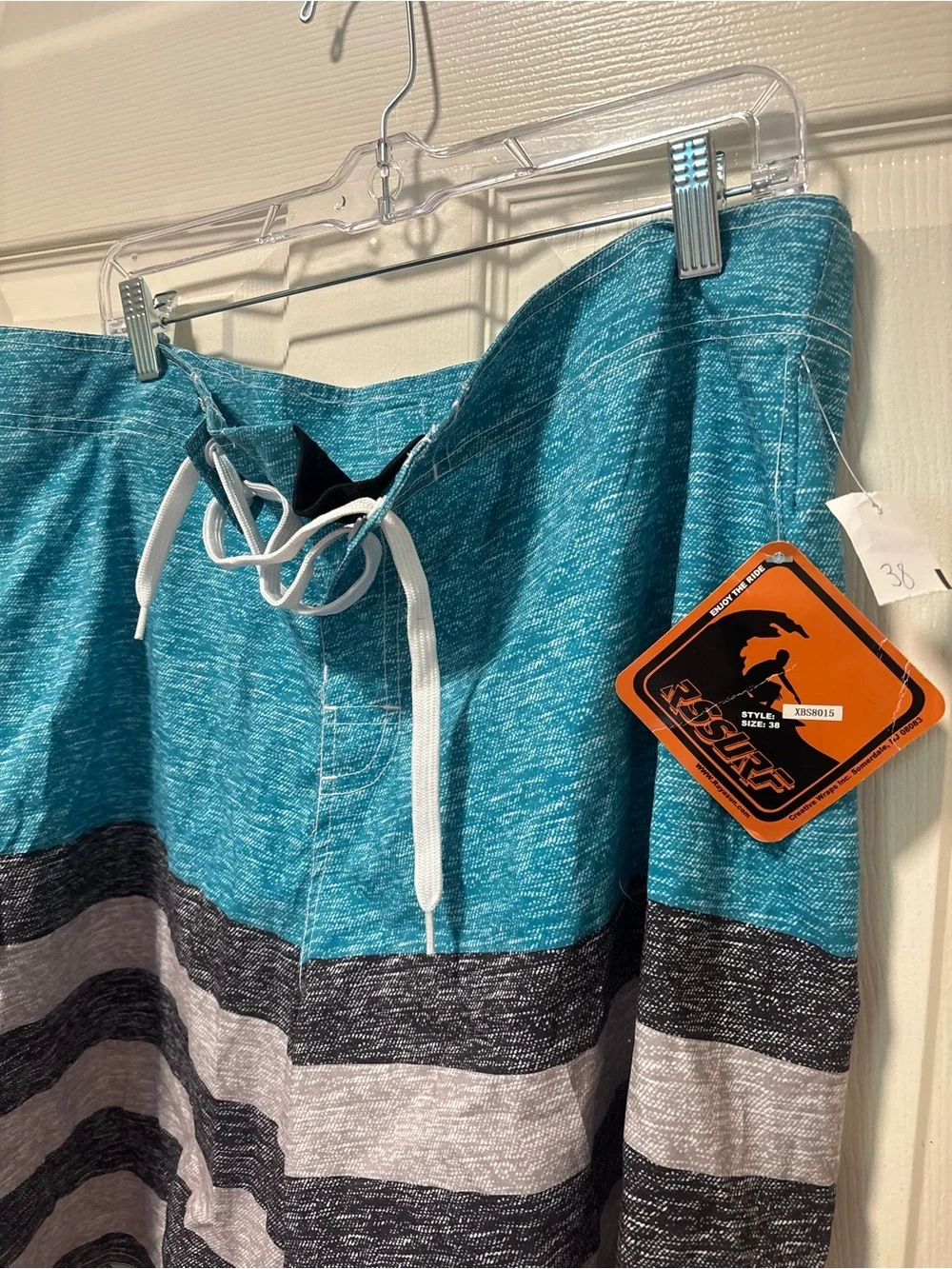 Men's Teal and Gray Striped Swim Trunks Size 38